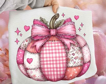 Pink Patchwork Fall Pumpkin Png, Preppy Floral Girly Pumpkin Bow Clipart, Boho Coquette Autumn Pumpkin Sublimation, Cute Retro Pink Fall Png