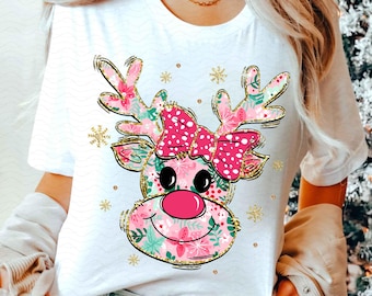 Renna natalizia floreale, renna preppy png, renna carina e civettuola png, rosa e verde, png di Natale, è la stagione, renna png