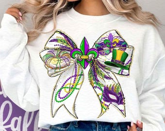 Mardi Gras Coquette Bow PNG, Mardi Gras Png, Fleur De Lis Png, Glitter, Mardi Gras Coquette Png, King Cake Png, Louisiana Crawfish Png
