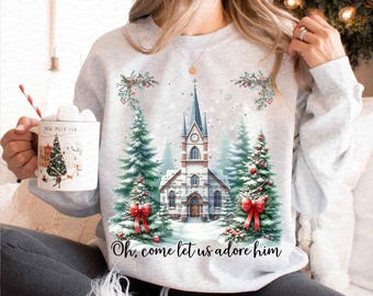 Oh Come Let Us Adore Him Png, Jesus Christmas PNG, Coquette Christmas Tree Png, Hand Drawn, Christian Christmas Png, Watercolor Christmas