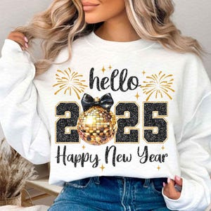 Happy New Year 2025 Png, Trendy New Years Eve Png, Black And Gold Sequins Glitter Faux Sparkly New Year Shirt Design Png, Hello 2025 Png