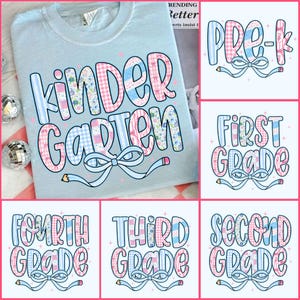 Preppy Back To School PNG Bundle Grandmillenial Coquette Pencil bow Grades Kindergarten Pre-K 1st 2d 3d 4th 5th Doodle Hand Drawn Teacher