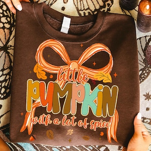 May include: A brown sweatshirt with a seasonal graphic. The design includes the words "Little Pumpkin" in a layered font, an orange bow, and the phrase "with a lot of spice". Autumnal theme.