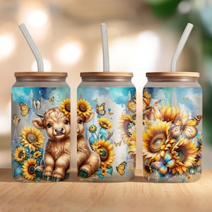 Sunflowers Highland Cow 16oz Wrap PNG, Summer Flowers Frosted Glass Sublimation Design, Watercolor Floral Libbey Cup PNG, Cute Animal PNG