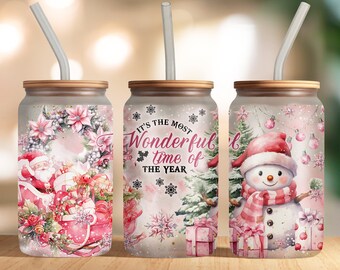 It's the most wonderful time of the year 16oz glass can sublimation design Snowman Christmas tree Flower Glass can wrap PNG wrap download