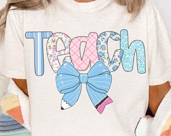 Coqueta floral para maestra preppy (PPT), floral azul para enseñar (PPT), diario (PPT), lazo para lápiz, diseño personalizado para maestra preppy, sublimación a cuadros