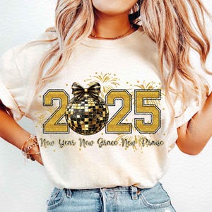 Happy New Year 2025 Png, Black And Gold Sequins Glitter Faux Sparkly New Year Shirt Design Png, Disco Ball Png, New Years Coquette Bow Png