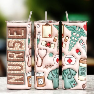 3D Pink Nurse Inflated Tumbler Wrap, Leopard Nurse 20oz Skinny Tumbler Sublimation Designs, Nurse Life Puffy Tumbler, Gift For Nurse