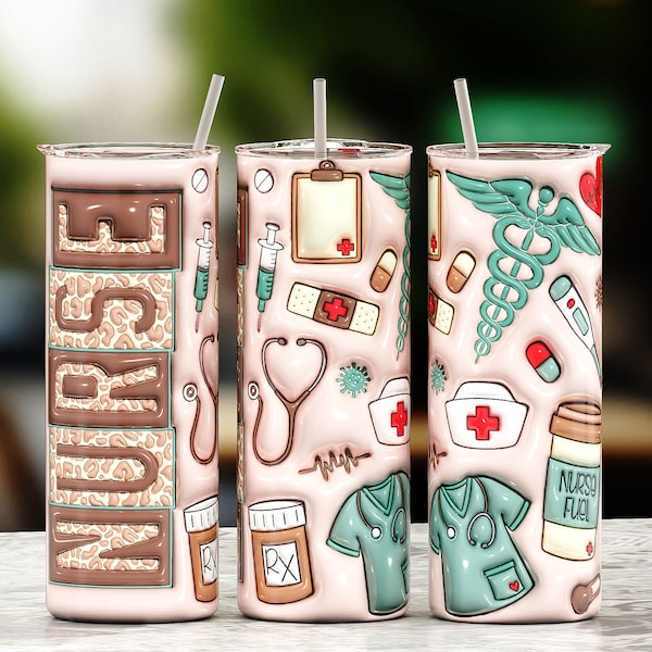 3D Pink Nurse Inflated Tumbler Wrap, Leopard Nurse 20oz Skinny Tumbler Sublimation Designs, Nurse Life Puffy Tumbler, Gift For Nurse