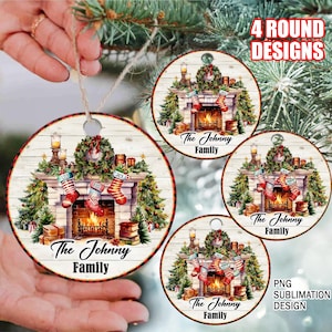 May include: Four round Christmas ornaments with a white wood background and a fireplace with stockings hanging from it. The text "The Johnny Family" is on each ornament.