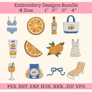 Set of 12 Italian Summer Club Embroidery Designs, Coastal Amalfi Icons, Aperol Orange Beach Bow, Machine Embroidery Files