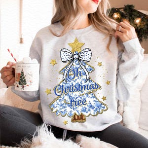Oh Christmas Tree Png, Gold Glitter Chinoiserie Christmas Tree Png, Coquette Blue Christmas Png, Christmas Toile Png, Blue Floral, Preppy