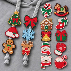 May include: A collection of embroidered Christmas-themed patches featuring a green tree, red bow, snowflake, reindeer, gingerbread person, candy cane, rocking horse, gingerbread house, stocking, bell, gift, snowman, mitten, bear, and cocoa mug.