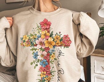 He is risen Png, Christian Easter Png, Easter Png, Retro Easter Png, Vintage Flower Png, Spring Floral Png, Faith Png, Bible verse Png