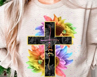 Faith cross Shirt, butterflies Butterfly and sunflowers rainbow sunflower png sublimation graphic butterfly png sunflower png faith cross
