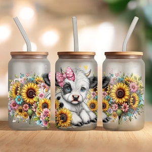 Baby Highland Cow Libbey Glass Wrap, Sunflowers Tumbler Sublimation Design PNG, Floral 16 Oz Glass Can Wrap PNG, Digital Download