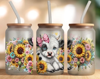 Baby Highland Cow Libbey Glass Wrap, Sunflowers Tumbler Sublimation Design PNG, Floral 16 Oz Glass Can Wrap PNG, Digital Download