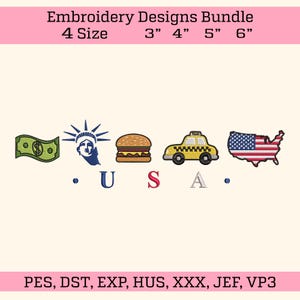 Può includere: Un pacchetto di ricami a tema americano. I disegni includono una banconota da un dollaro, la Statua della Libertà, un hamburger, un taxi giallo e una mappa degli Stati Uniti con la bandiera americana. È incluso anche il testo "USA". Disponibile in 4 misure: 7.6cm, 10.2cm, 12.7cm e 15.2cm.