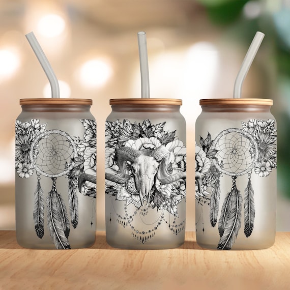 Glass Can Wrap, Boho Cow Skull Glass Can Png, Glass Tumbler Wrap, 16oz Frosted Glass Sublimstion Designs, Libby Glass Wrap, Western PNG