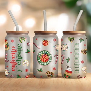 Cafecito y Chisme Conchas Light Christmas Concha 16oz Glass Can PNG, Xmas Conchas Mexicanas 16oz Libbey Glass Can Wrap, Digital Download