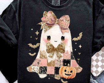Preppy Patchwork Ghost Glitter Png, Floral Pumpkin png, Fall Pumpkin png, Spooky Season png, Halloween png, Coquette, Pumpkin Season png