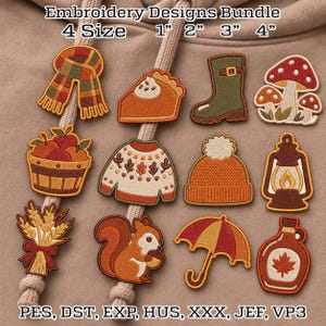 ITH Fall Hoodie String Charm Embroidery Design Bundle, Cozy Autumn Pumpkin Leaf Coffee Machine Embroidery File (Digital Download)