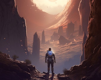 Starfield Fan Art Printable Digital Image Astronaut Desert and Cave Planet Exploration. Vertical 2x3