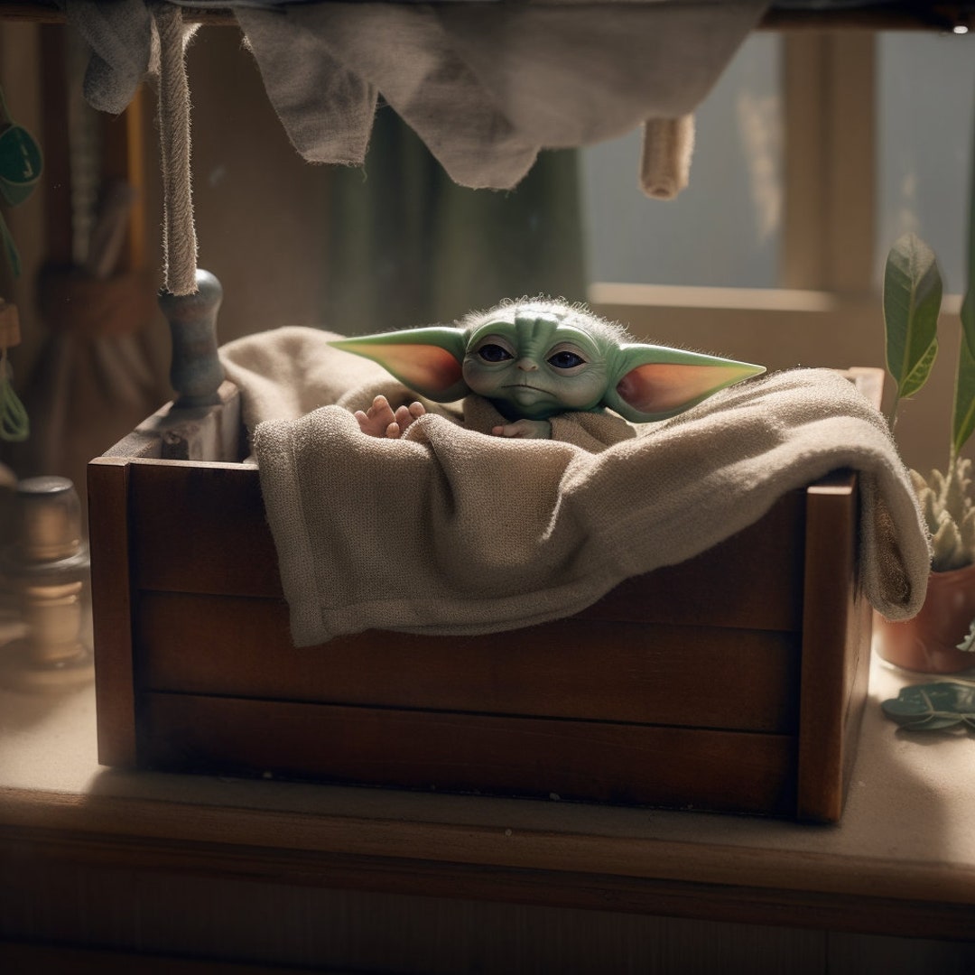 Baby Yoda Sitting in Baby Crib Star Wars Mandalorian Digital Image .PNG