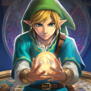 Link Legend of Zelda Looking to Crystal Ball of Land of Hyrule Fan Art Digital Image Fan Art .PNG file