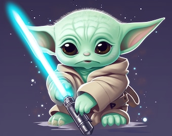 Cute Baby Yoda Holding Lightsaber Star Wars Mandalorian Digital Image Fan  Art .PNG file