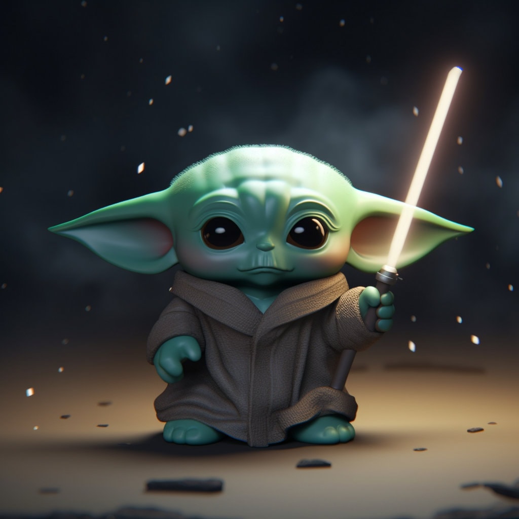Schattige Baby Yoda Star Wars Holding Lightsaber Mandalorian Digital Image .PNG bestand