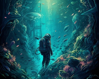 Starfield Fan Art Printable Digital Image Astronaut Underwater Planet Exploration. Vertical 2x3