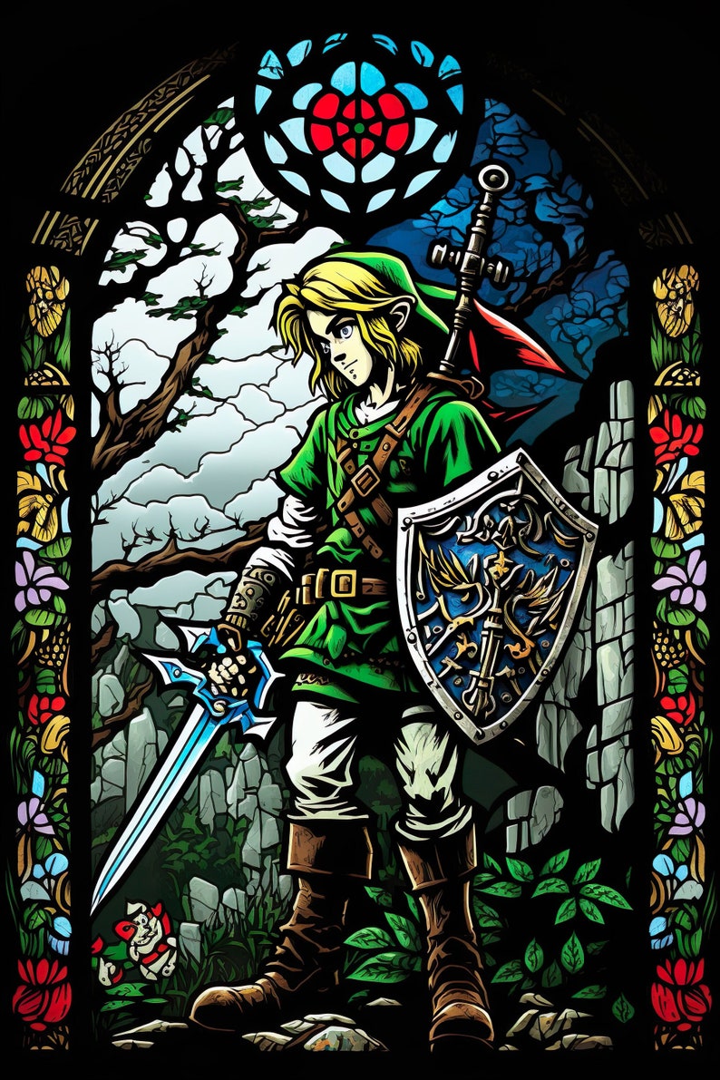 Link Legend of Zelda: Tears of the Kingdom Stained Glass Window Digital Image .PNG file image 1