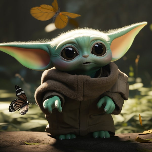 Baby Yoda Chasing Butterfly Star Wars Mandalorian Digital Image  .PNG file