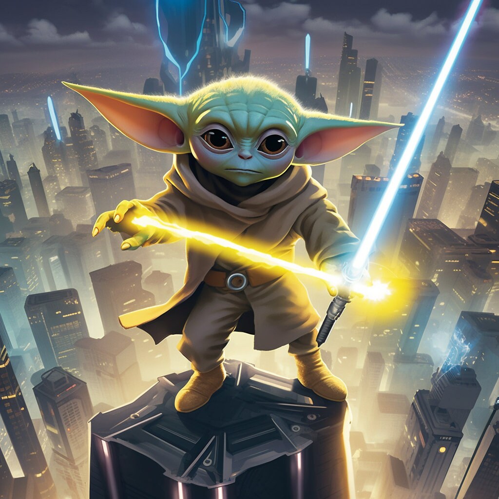 Baby Yoda Holding Lightsaber on in a Futuristic World Star Wars