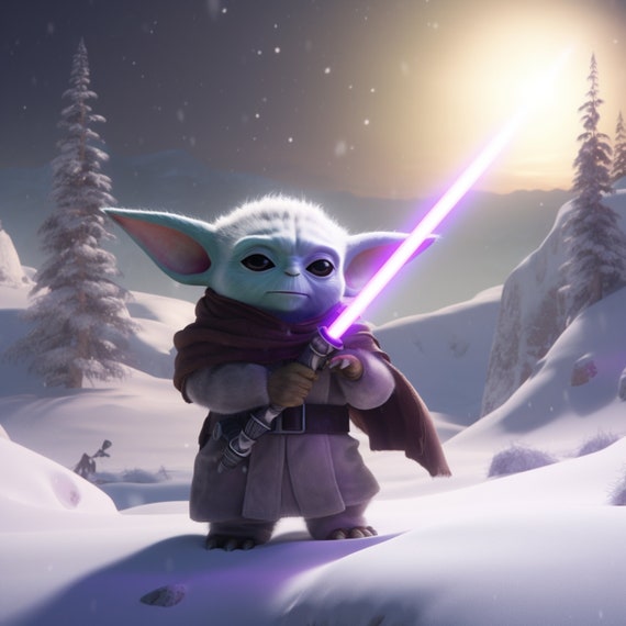 Baby Yoda Holding Purple Lightsaber on Snowy Hoth Star Wars Mandalorian  Digital Image Fan Art .PNG file