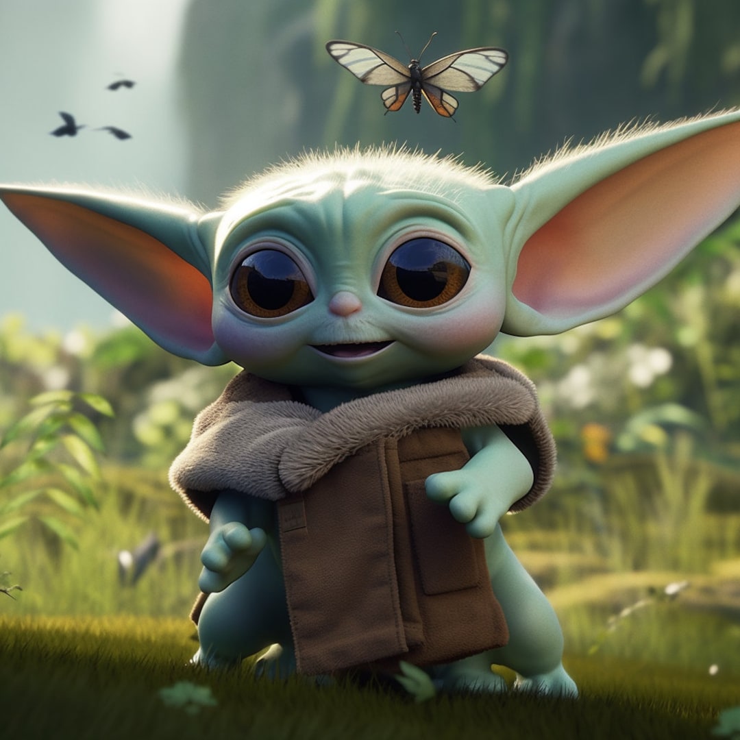 Baby Yoda Chasing Butterfly Star Wars Mandalorian Digital Image .PNG