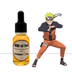 May include: A small amber glass bottle of "Will of Fire" orange and ginger essential oils with a black dropper cap. The bottle is labeled "Alchemist Lab" and contains 15ml of oil. A cartoon character in an orange and black outfit is to the right.
