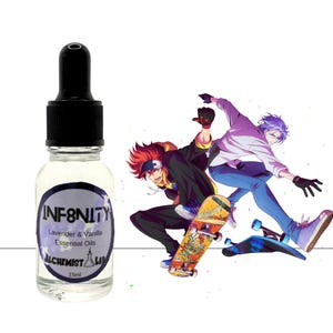 May include: A clear glass bottle with a black dropper cap, labeled "INF8NITY Lavender & Vanilla Essential Oils" and "ALCHEMIST LAB" with a 15ml capacity. The image also features a colorful anime-style illustration of two skateboarders.