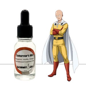 May include: A clear glass bottle with a black dropper cap, labeled "Tomorrow's Me" with essential oil ingredients. The bottle is next to a cartoon illustration of a character in a yellow suit, white cape, and red boots.
