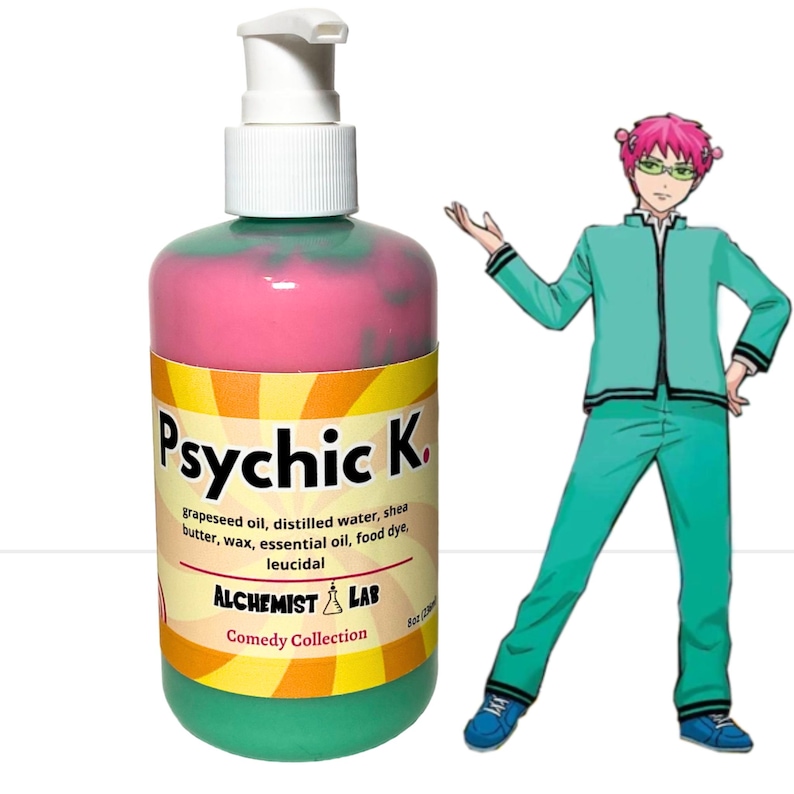 May include: A bottle of "Psychic K" lotion from Alchemist Lab's Comedy Collection. The lotion is pink and green, with a white pump. The label lists ingredients like grapeseed oil and shea butter. An anime character in teal clothing is standing next to the bottle.