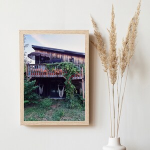 May include: A wooden house with a porch and a hammock hanging from the ceiling. The house is surrounded by green plants and trees.