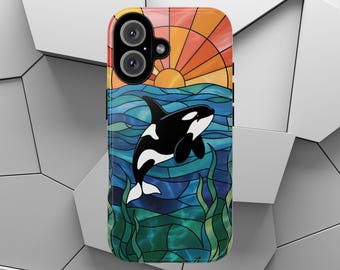 Stained Glass Orca Print Phone Case | Tough Phone Case | iPhone 17 | Marine | Killer Whale | Ocean Life | iPhone | Pixel | Samsung Galaxy