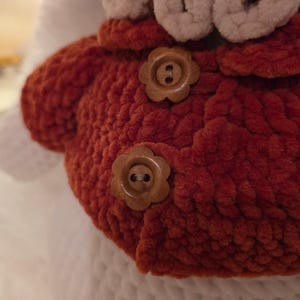 May include: Close-up of a handmade, rust-colored knitted item with two flower-shaped wooden buttons. The item has a textured, plush appearance and is set against a white background. The buttons are a light brown color.