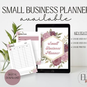 May include: A digital download of a small business planner with a floral design. The planner includes sections for goal action planning, sales tracking, and notes. Key features include the ability to be used on the go, on Goodnotes, and printed.
