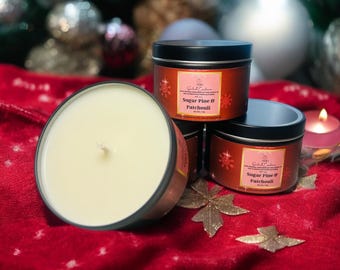 Vela de soja de pino azucarado y pachulí: vela vegana de 7 oz