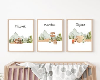 May include: Three watercolor illustrations with a nature theme. The first illustration features a fox and a bear in front of a mountain range with trees. The second illustration features a mountain range with trees and a signpost with arrows pointing in different directions. The third illustration features a mountain range with trees, a campfire, and a tent. The text "Discover", "Wander", and "Explore" is written above each illustration.