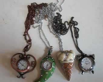 Women's, Girl's Silver Finish Cone Ice-cream, Heart, Bell Look and Chilli  Cute Fashion Necklace Watch & Chain