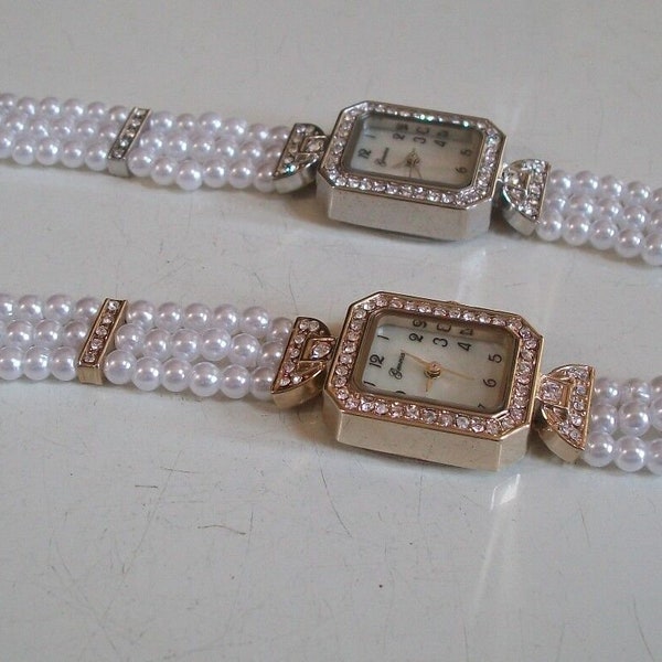 Women's number dial silver or gold finish rhinestone faux pearl fashion dressy casual watch