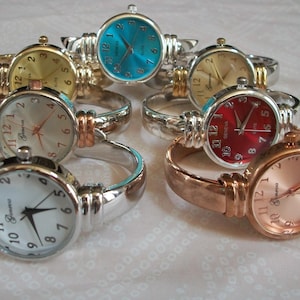 Blue, White, Rose Gold, Red, Gold Silver Number Dial Geneva Metal Band  Women&#39;s Bangle Cuff Watch